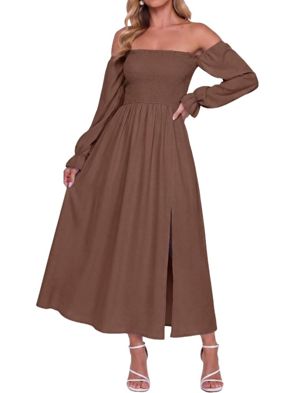Women's Brown Off Shoulder Long Sleeve Boho Flowy Wedding Guest Maxi Dresses